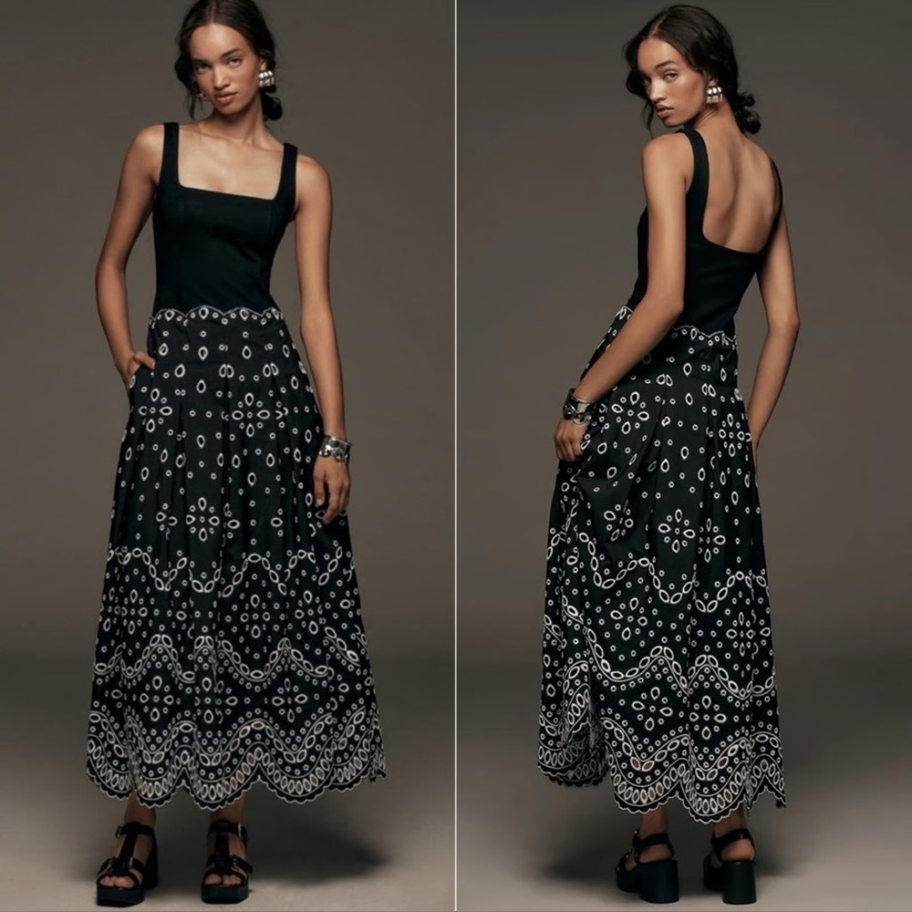 NWT Maeve Sleeveless Square-Neck Eyelet Midi Dress - Size Large - Black